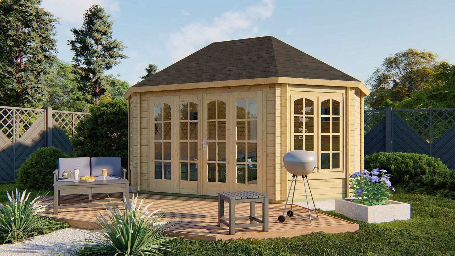 Gartenhaus Blockhüttenpavillon Gudrun Isolierverglast 45mm 380cm x 523cm
