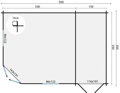 Gartenhaus Blockhütte Helge + Anbau 45mm 500cm x 350cm