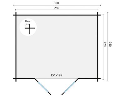 Gartenhaus Blockhütte Klair (mit rundem Dach) 28mm 240cm x 300cm