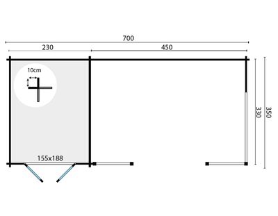 Gartenhaus Blockhütte / offene Scheune Kukka (Hausmass 250x350) 40mm 700cm x 350cm