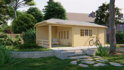 Gartenhaus Blockhütte Sibella mit Vordach 280 cm Isolierverglast 45mm 570cm x 410cm