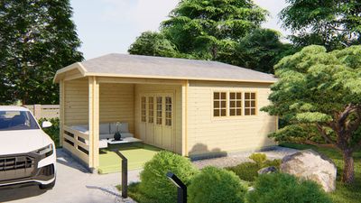 Gartenhaus Blockhütte Torkel mit Vordach 280 cm Isolierverglast 45mm 420cm x 420cm