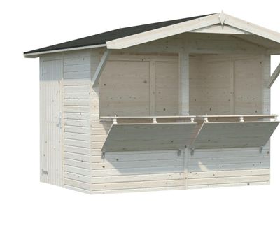Marktstand Stella 5 m² – Holzkiosk mit aufklappbaren Verkaufsklappen aus Fichtenholz