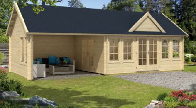 Gartenhaus Blockhütte Big Ben Isolierverglast (Hausmaß 550x400) 70mm 930cm x 400cm