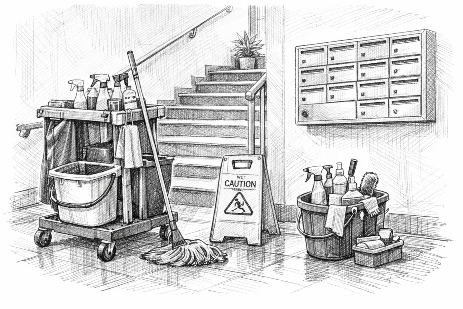 Professionelle Treppenhausreinigung in einem Mehrfamilienhaus in der Schweiz mit Reinigungswagen und Zubehör