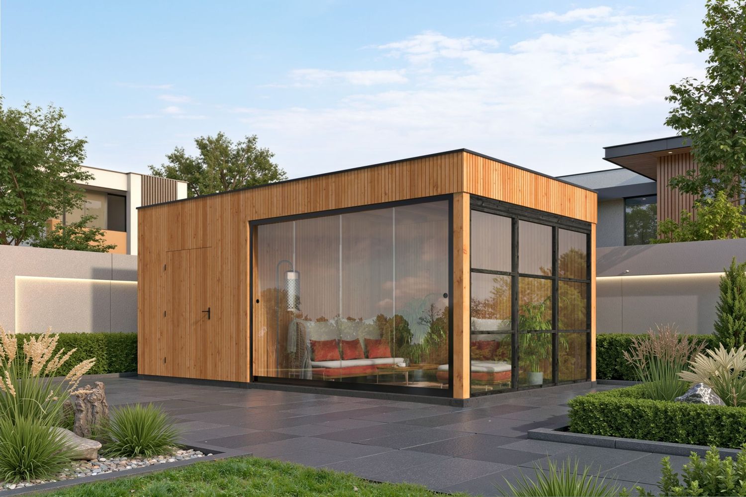 Modernes Gartenbüro Cube 380x687 cm mit Vordach aus Holz – Home Office im Garten Schweiz