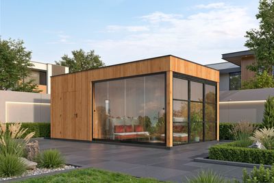 Modernes Gartenbüro Cube 380x687 cm mit Vordach aus Holz – Home Office im Garten Schweiz