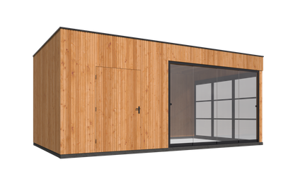 Modernes Gartenbüro Cube 380 × 687 cm mit Vordach – Home Office Schweiz