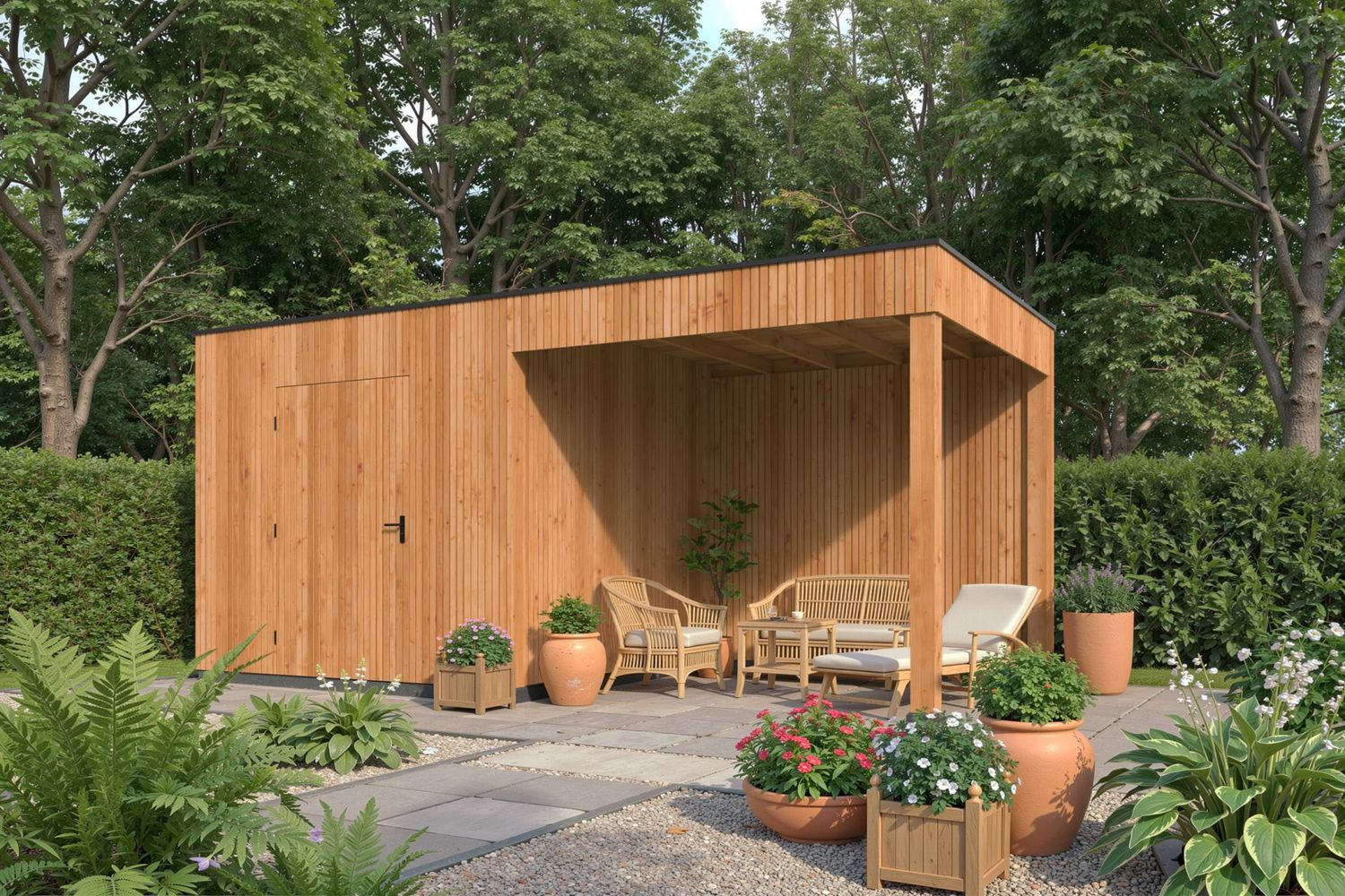 Gartenhaus aus Holz mit überdachter Terrasse im modernen Garten
