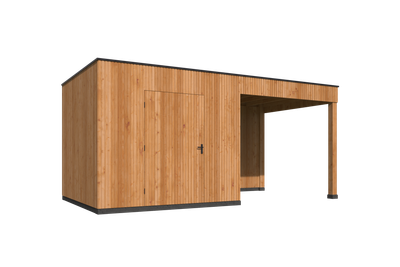 Modernes Gartenhaus Cube 280 × 590 cm mit Vordach – Terrasse &amp; Lounge Schweiz