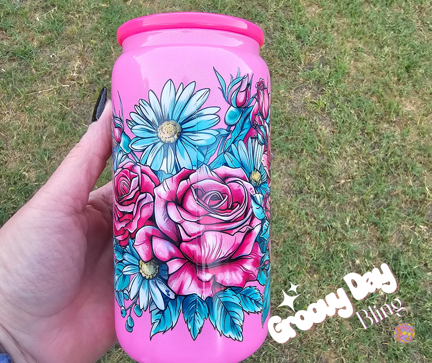 Pink Roses Glass Can