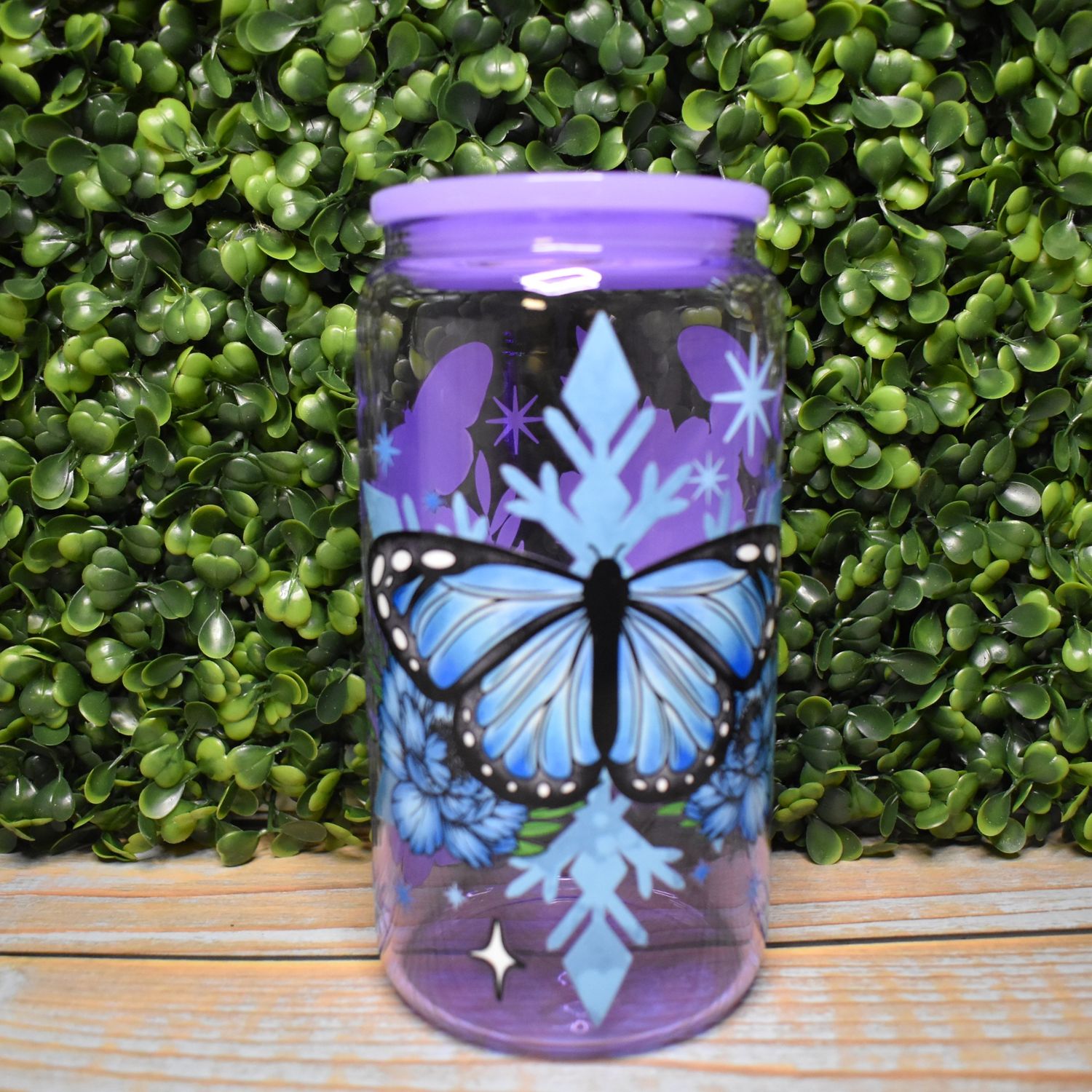 Blue Butterfly Glass Can