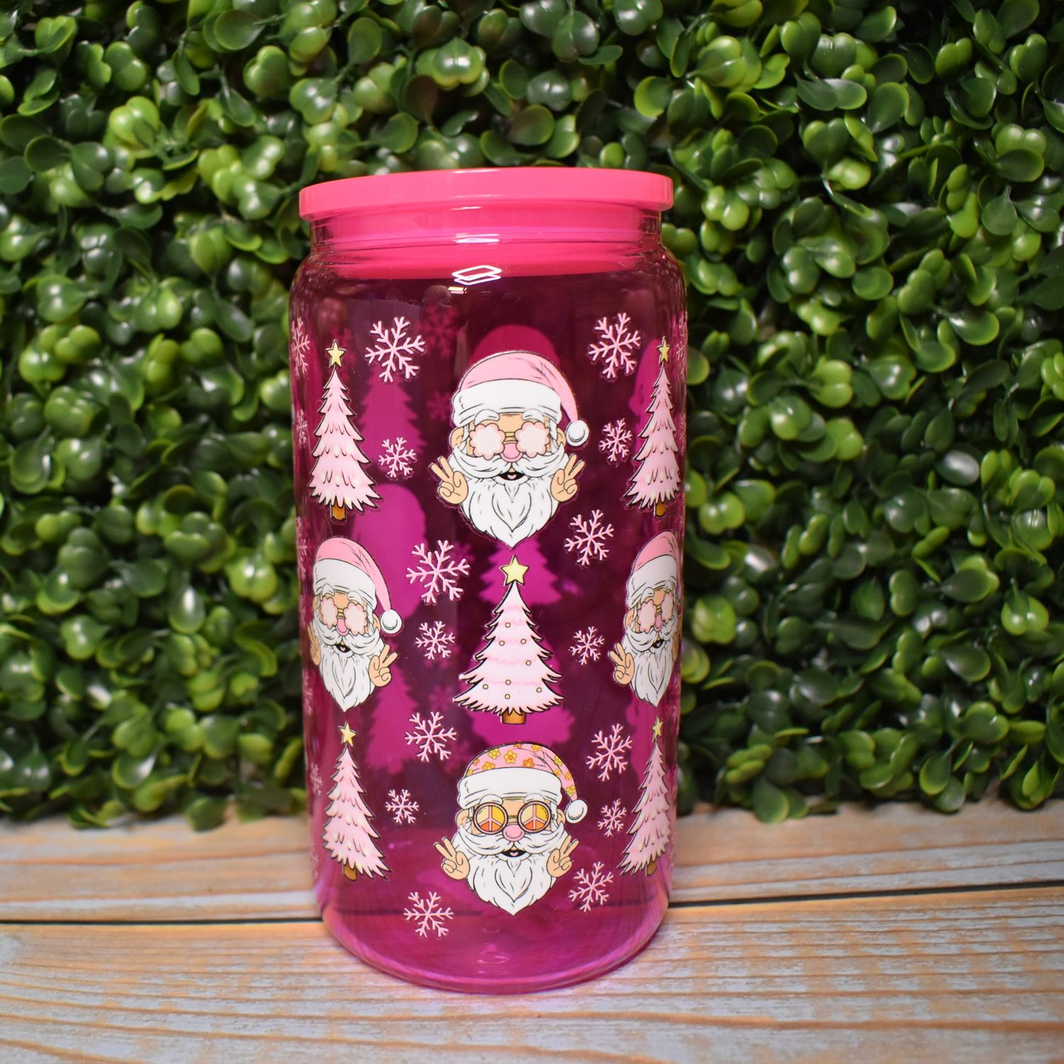 Pink Santas and Trees Glass Can