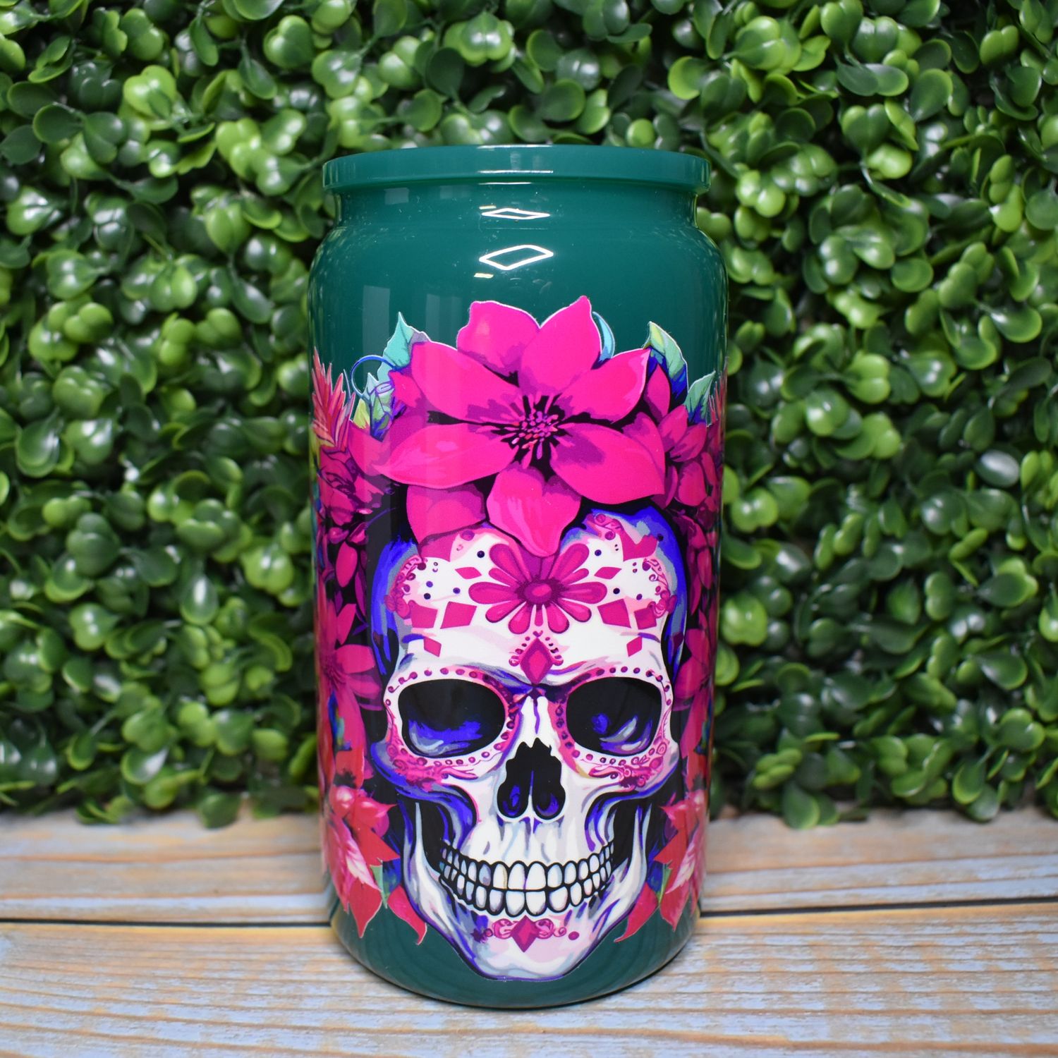 Christmas Skull with Poinsettias Glass Can