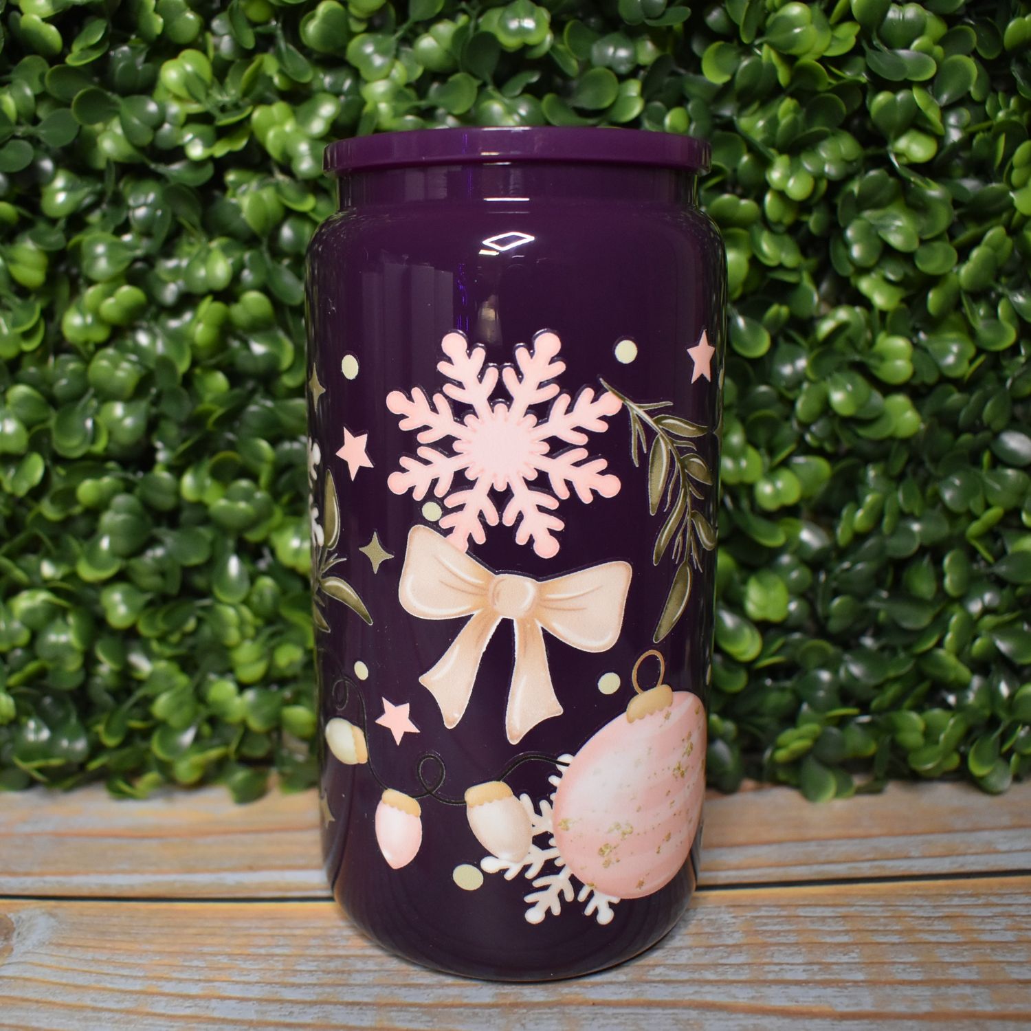 Pink Bows, Ornaments and Snowflakes Glass Can