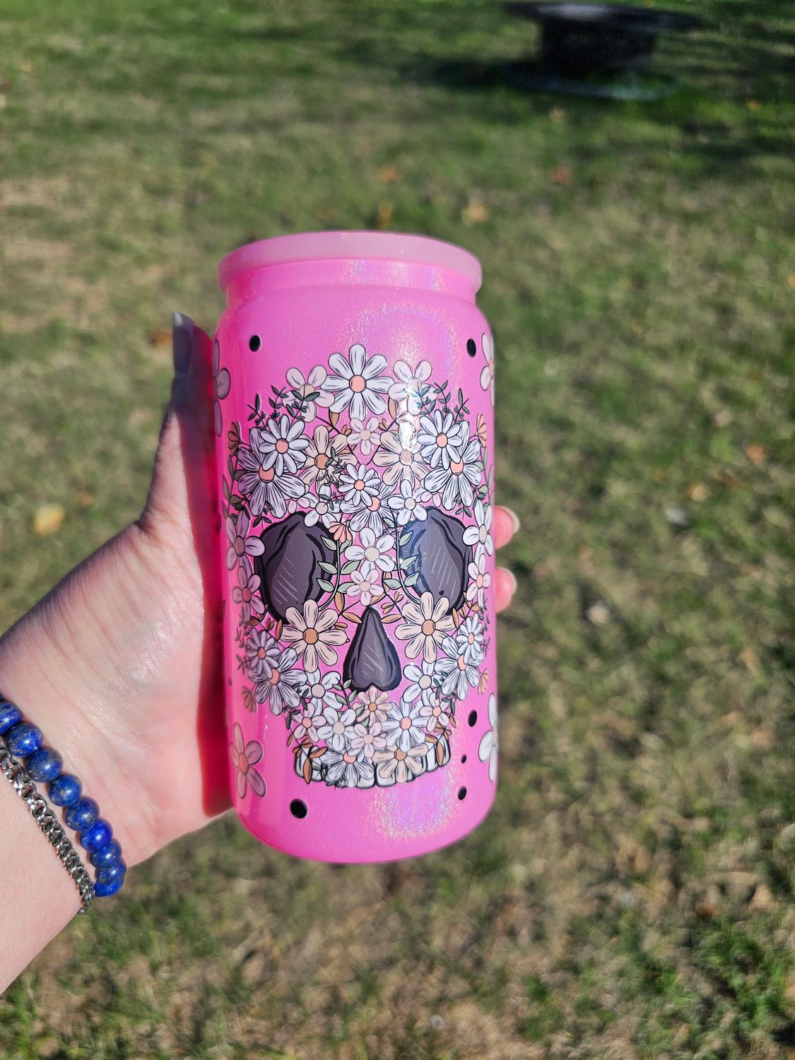 Flowery Skull Glass Can