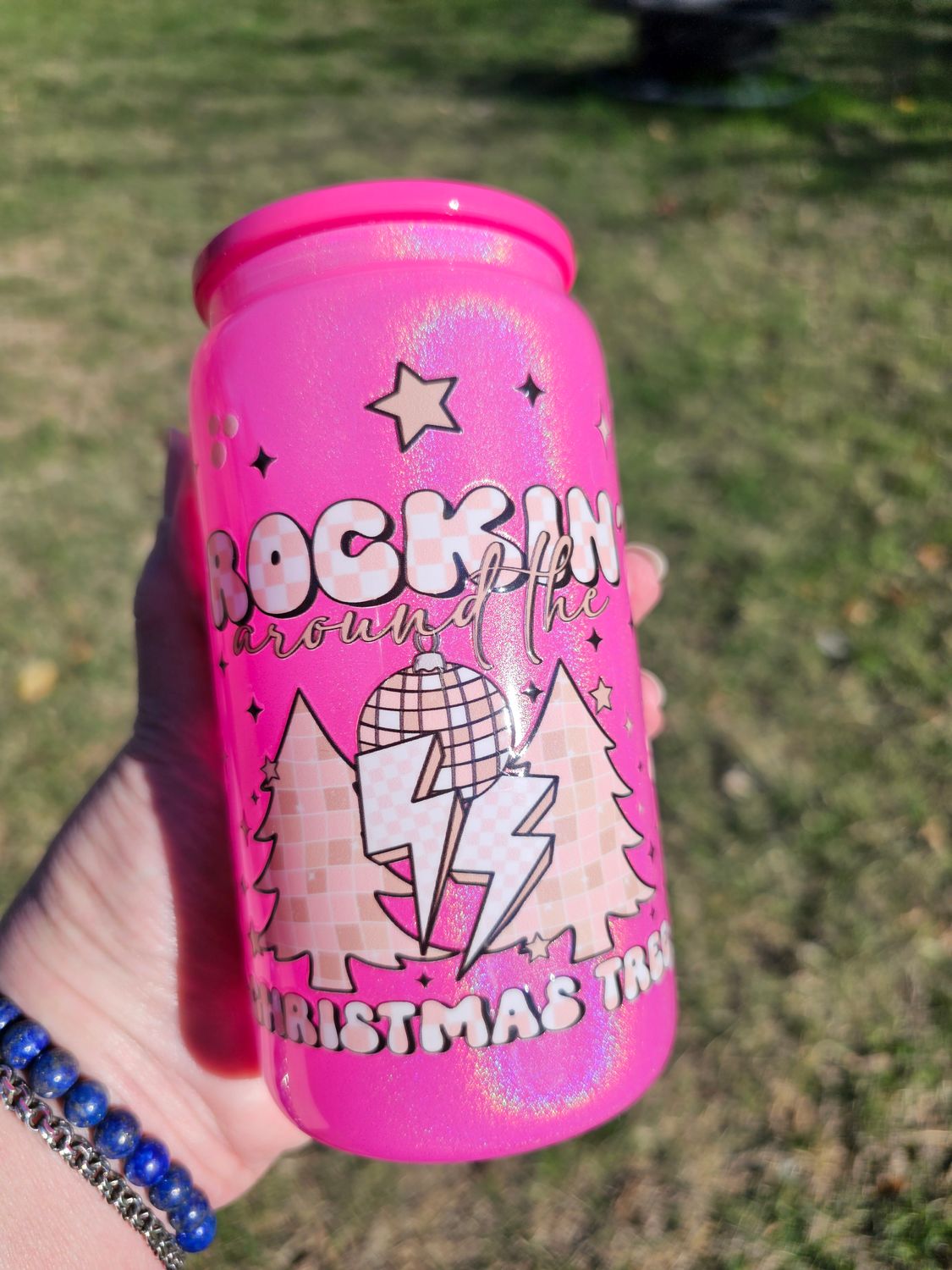 Rockin Around the Christmas Tree Glass Can