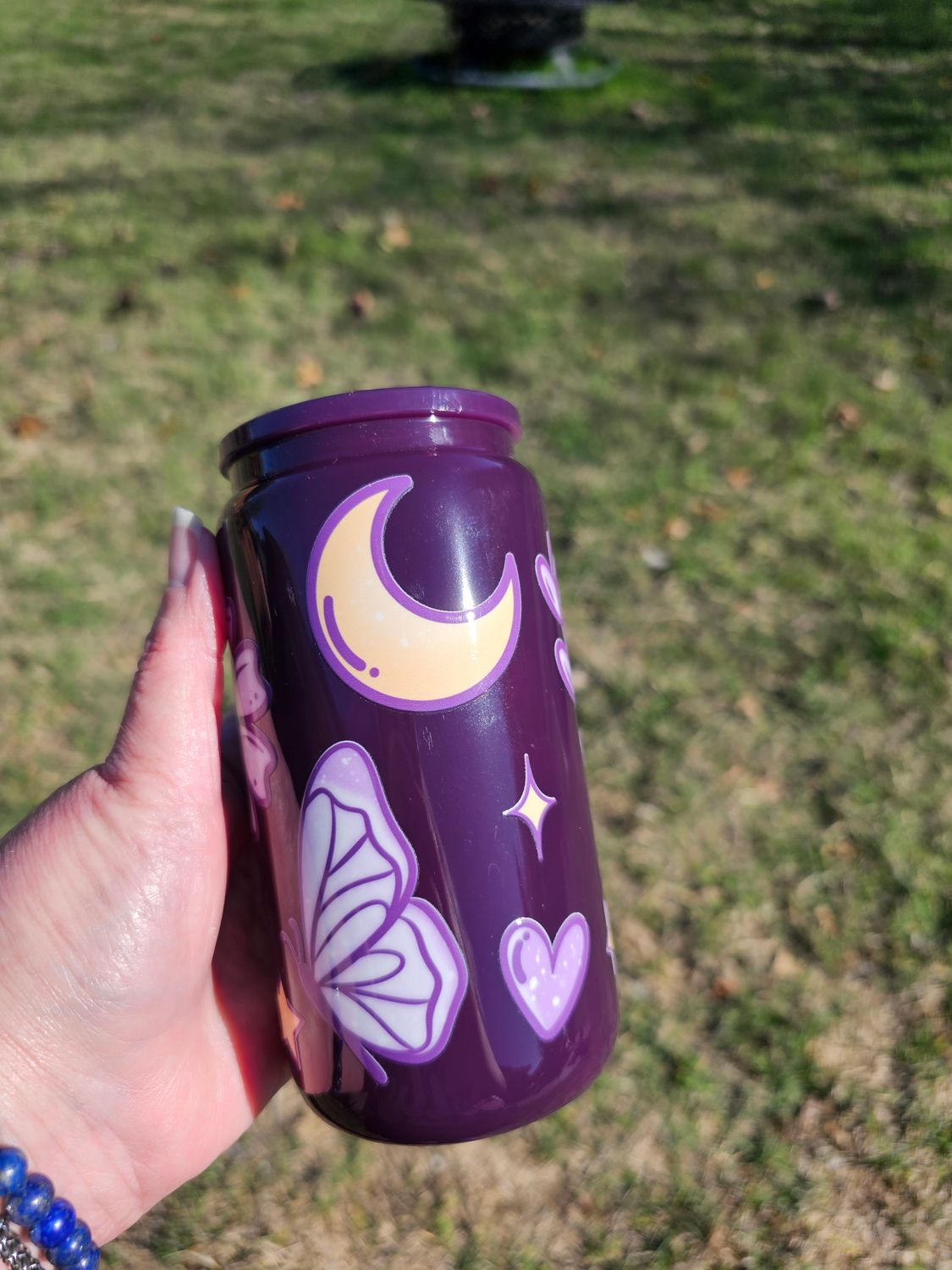 Moon, Butterfly, Flowers Glass Can