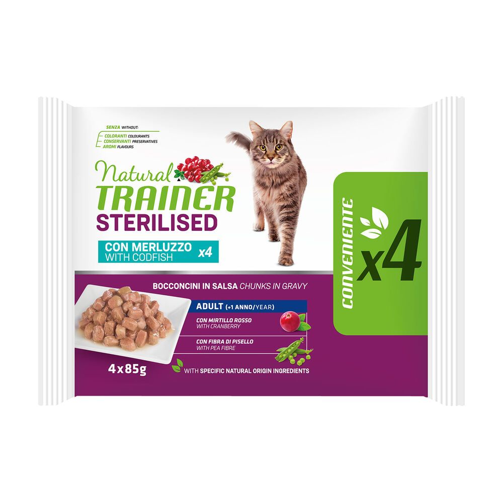 NATURAL TRAINER GATTO STERILIZZATO MERLUZZO 4X85G