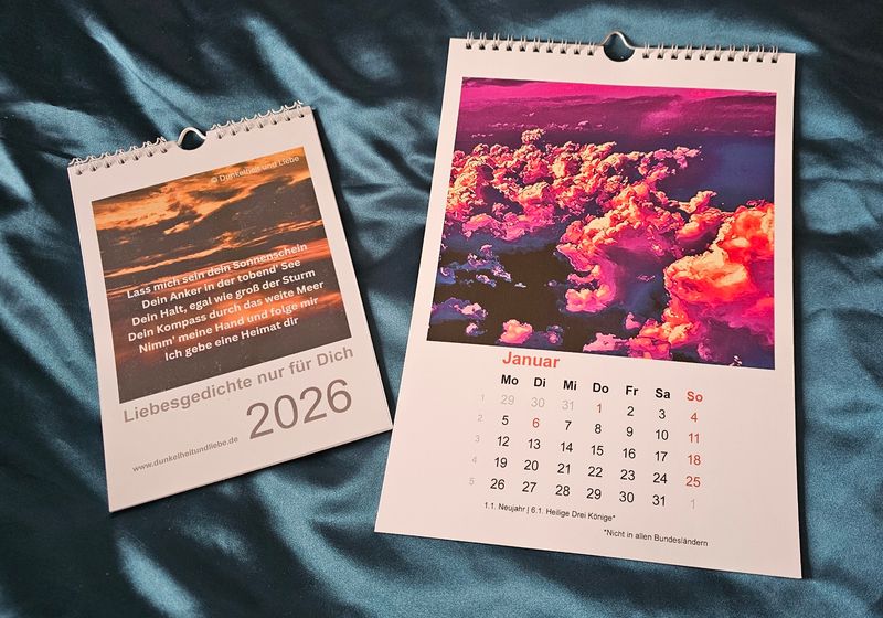 Bundle 3 'Kalender' Kalender A5 2026 'Liebesgedichte nur für dich' und Kalender A4 2026 'Wolkenträume', dazu gratis ein Lesezeichen mit Gedichten Bundle 3 'Kalender' Kalender A5 2026 'Liebesgedichte nur für dich' und Kalender A4 2026 'Wolkenträume', dazu gratis ein Lesezeichen mit Gedichten