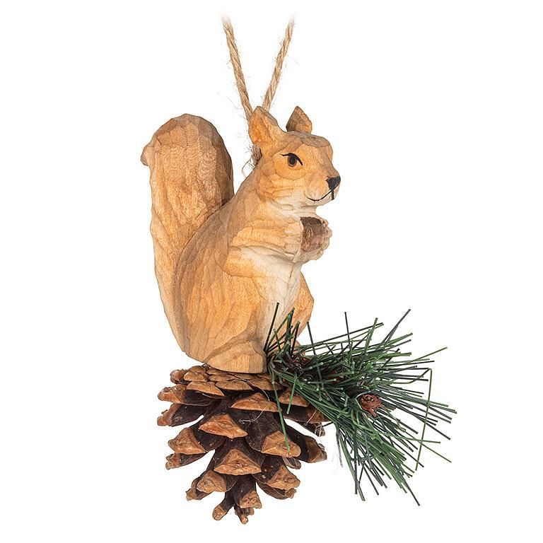 Carved Squirrel on Pine Ornament