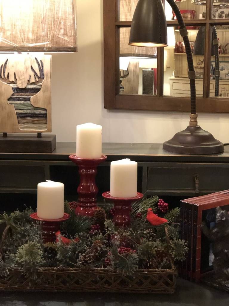 Wicker Tray &amp; 3 Red Candle Holder Arrangement