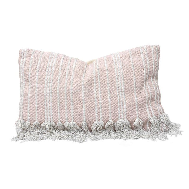 Fringed Stripe Lumbar Pillow - , Color: Blush