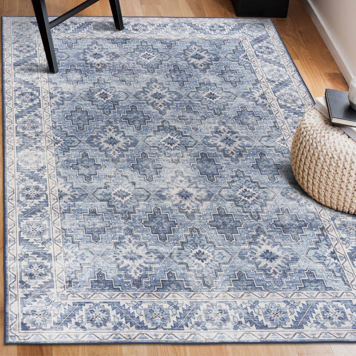 Zara Distressed Realife Rug Blue Ivory - , Size: 2&quot;6 X 6&quot;