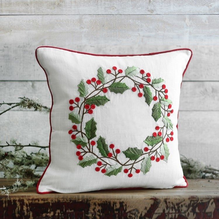 Embroidered Wreath Toss Pillow