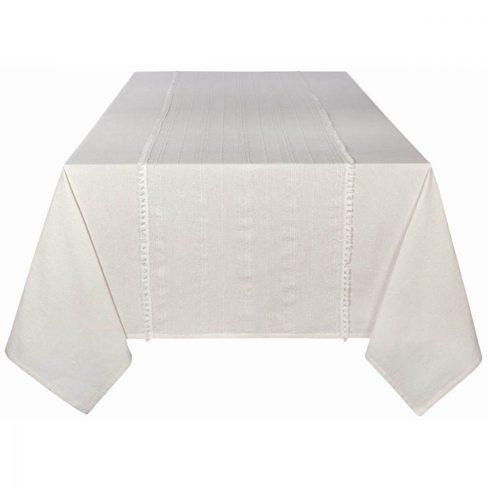 Tasseled Blanca White - 90&quot; Table Cloth