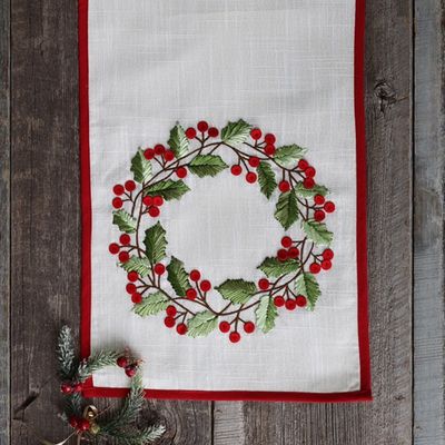 Embroidered Wreath Table Runner