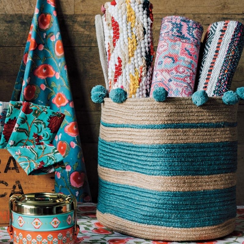 Stripe Lagoon Jute Basket - Large