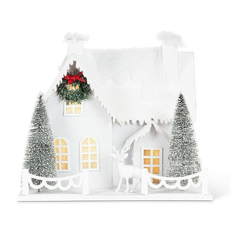 Snowy House &amp; Deer w/LED - 9.5&quot;X8&quot;