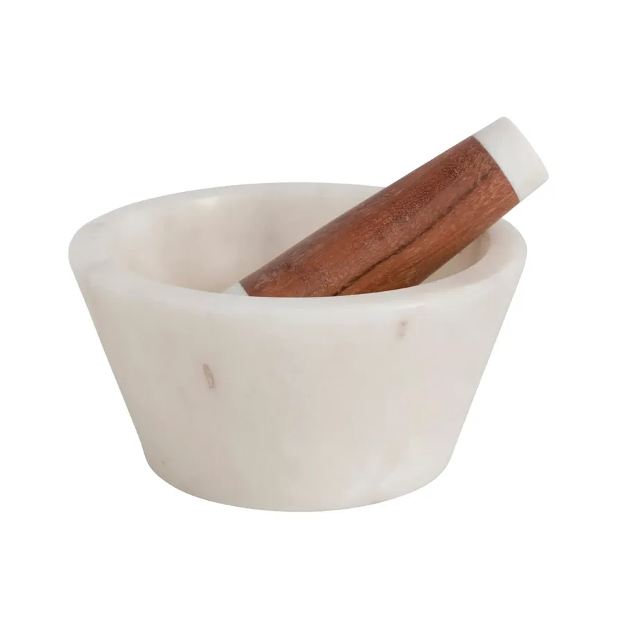 Marble and Acacia Wood; Mortar &amp; Pestle