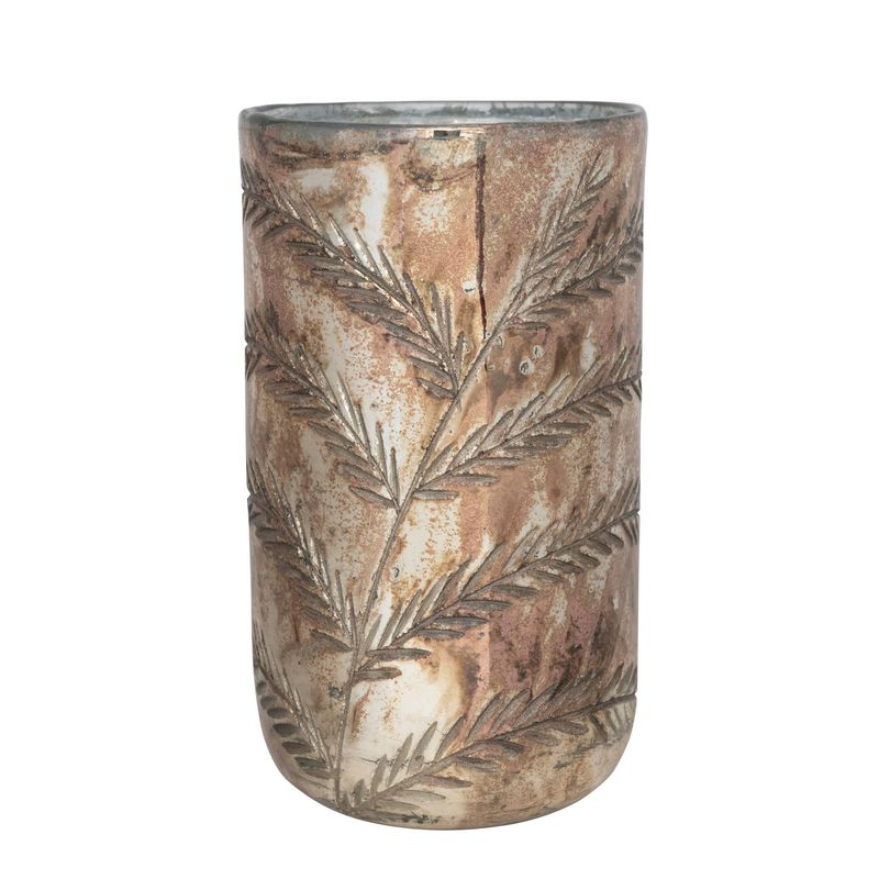 Round Candle Holder w/Etched Leaf - 6&quot;