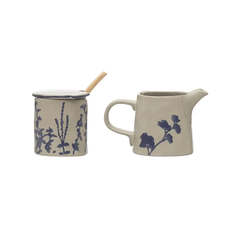 Hand Stamped Stoneware Sugar Pot &amp; Creamer