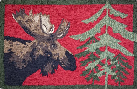 Moose In Pine Hooked Rug - 2 X 3