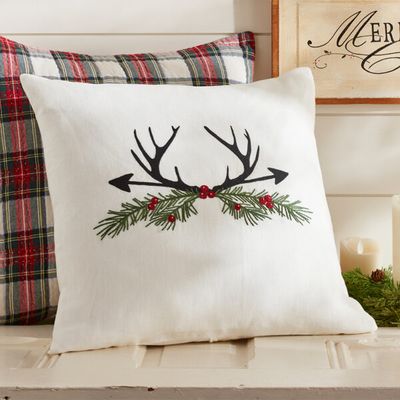 Christmas Antlers &amp; Holly Pillow