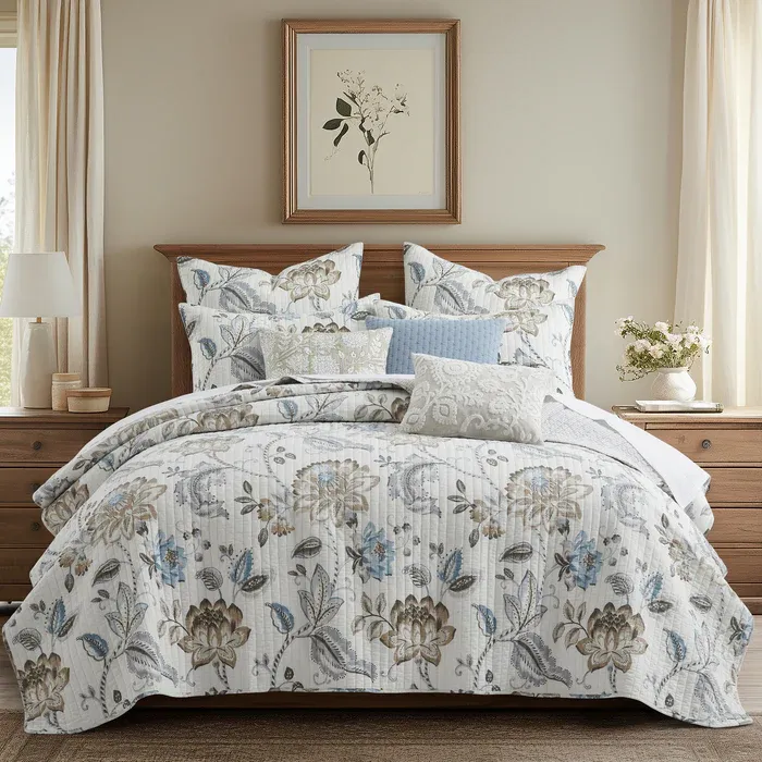 Maileen Neutral Blue Quilt Set - King