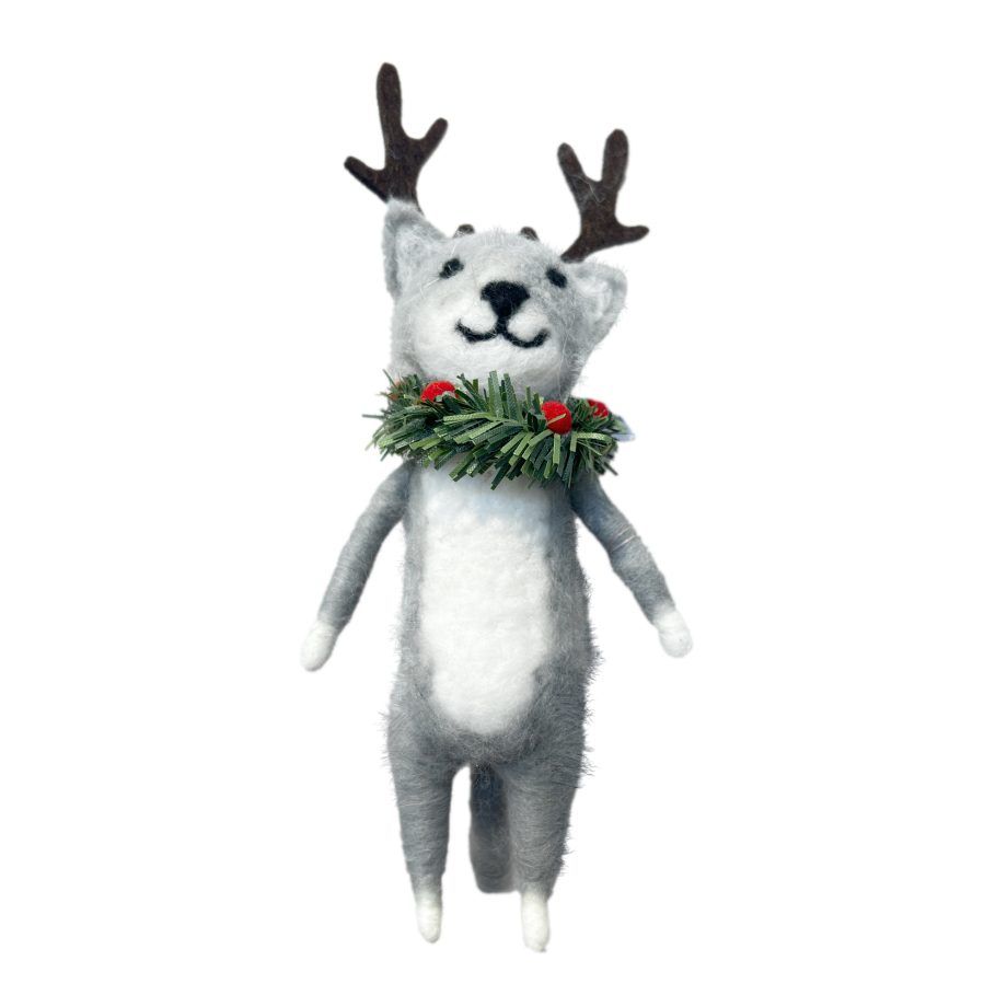 Grey Cat W/Antlers &amp; Collar Wreath Ornament