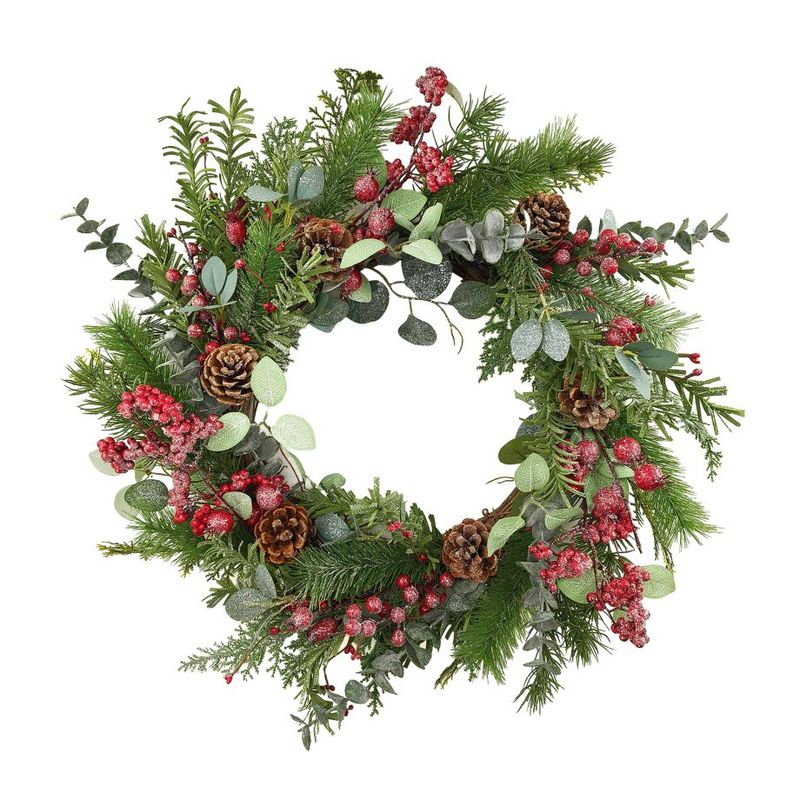 Pine &amp; Greenery Wreath W/Frosted Pine Cones &amp; Berries - 24&quot;