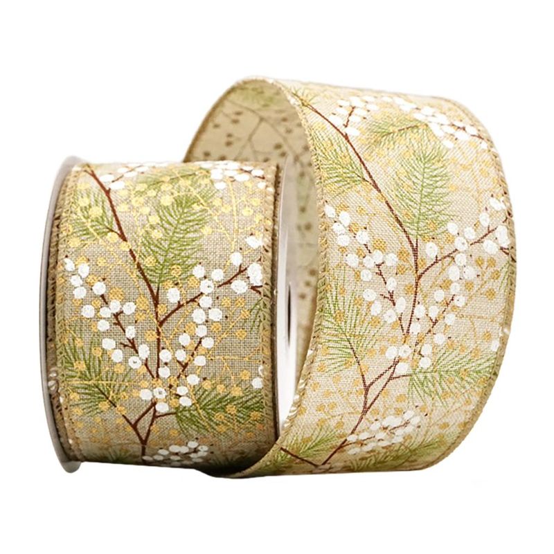Green, Pine Needles &amp; Gold White Berries Ribbon - 10 yards