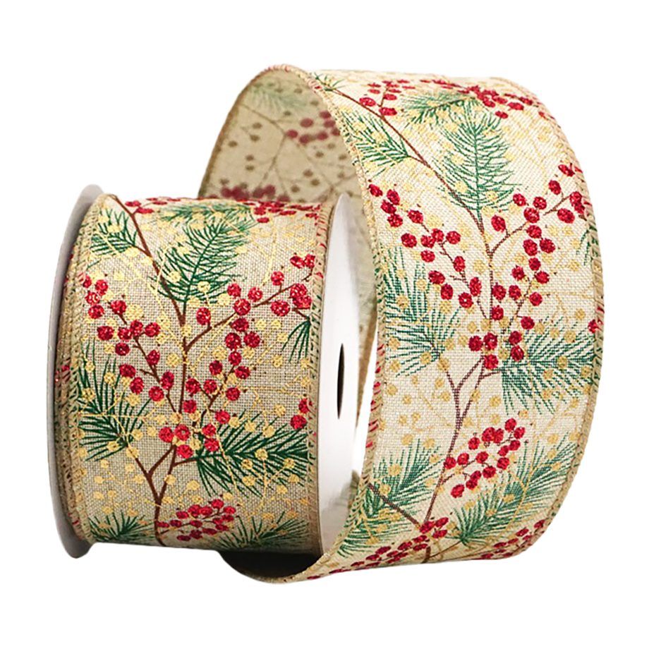 Green, Pine Needles &amp; Red Berries Ribbon - 10 yards