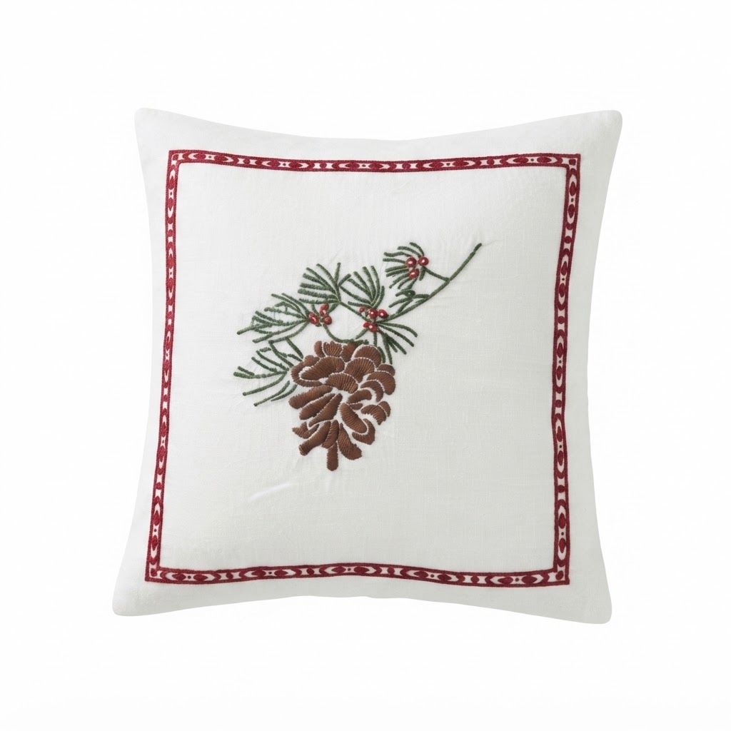 Christmas Pine Cone Embroidered Pillow