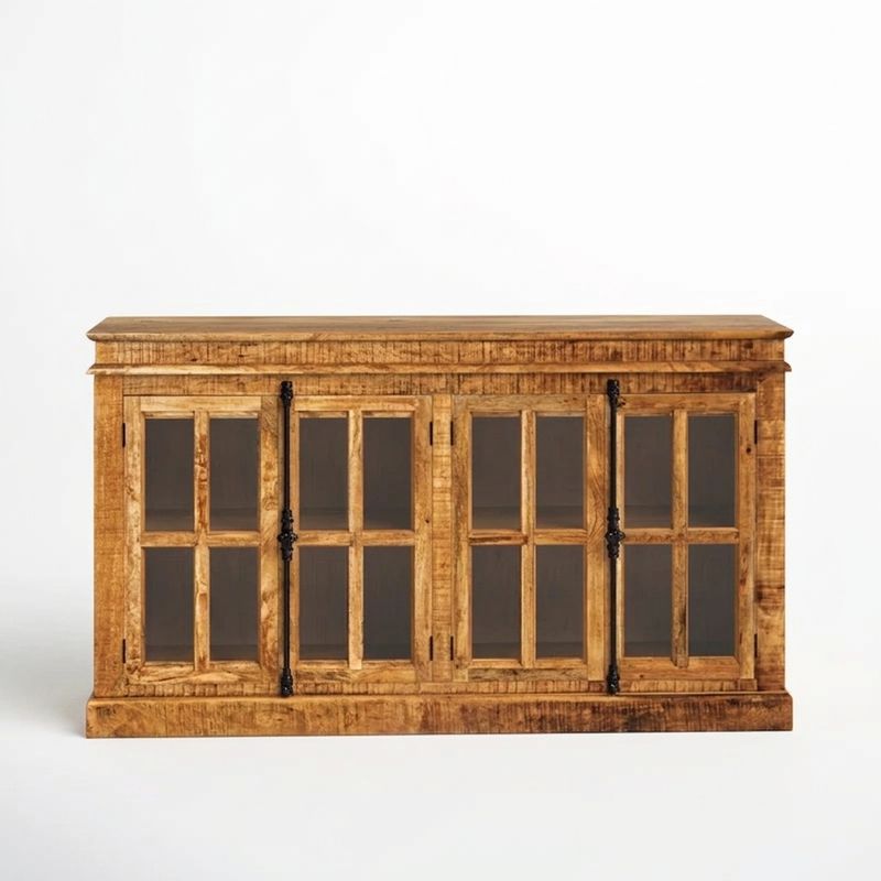 4 Door Credenza W/Wrought Iron &amp; Glass Panels