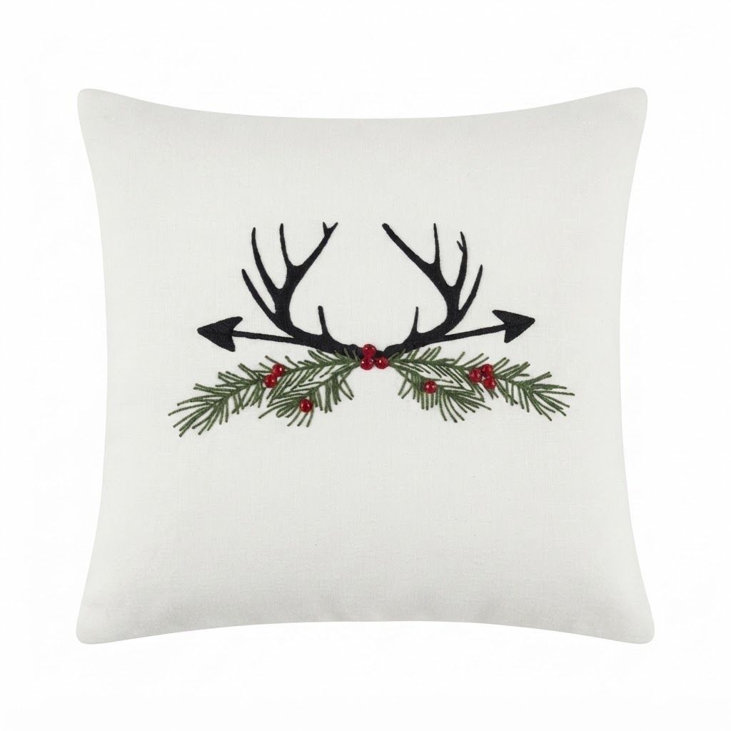 Christmas Antlers &amp; Holly Pillow