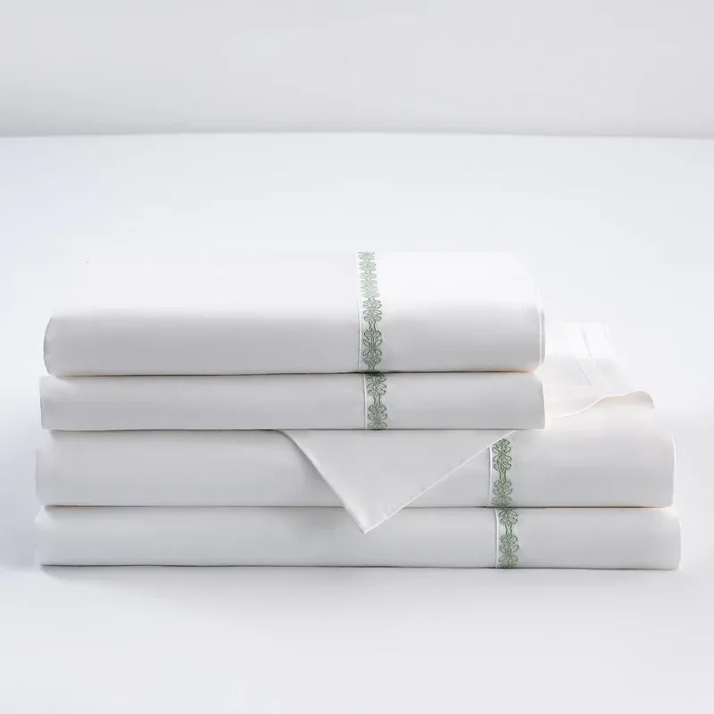Laurel Embroidered Fern Green Sheet Set - Queen