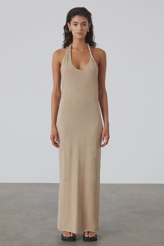 Linen Blend Knit Dress - Camel