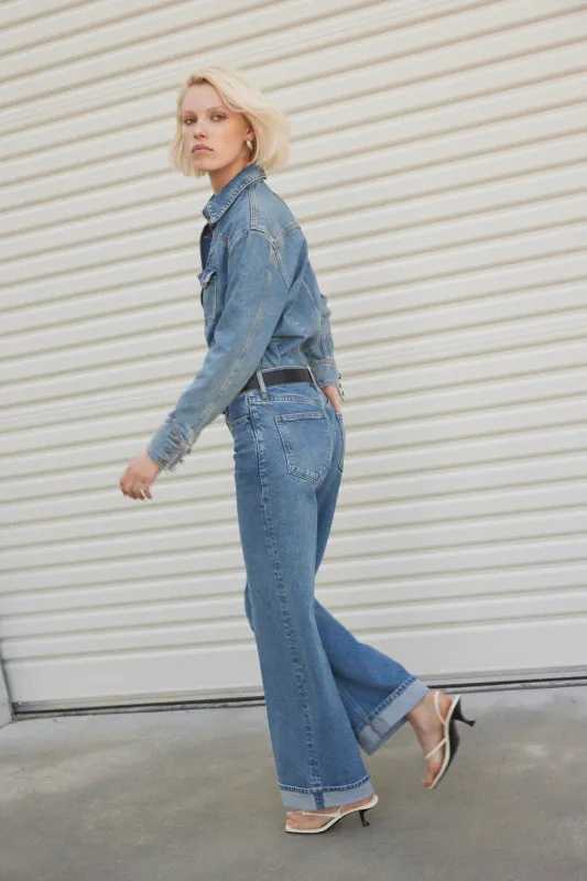Mia Cuffed Mid Wide Long Jean - Meridian Mid Blue