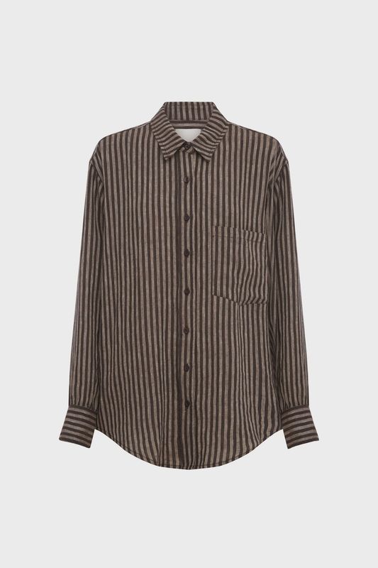 Ramona Linen Long Sleeve Shirt - Brown Stripe